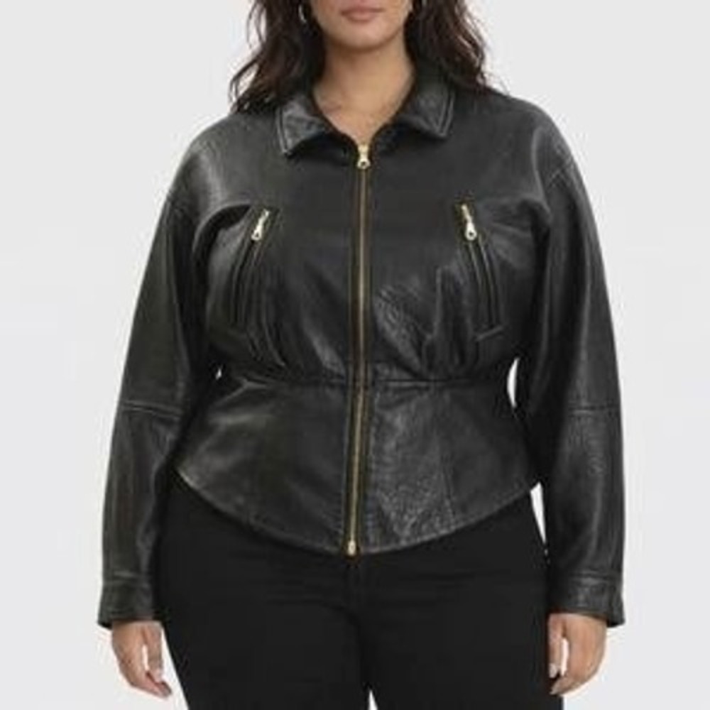 Vtg 90s Y2K Tannery West moto biker leather jacket women M black cinched peplum